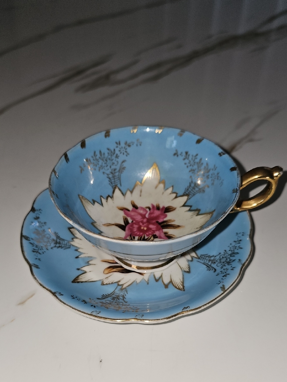 Royal Sealy Blue Floral Porcelain Teacup and Saucer Gold Handle Japan